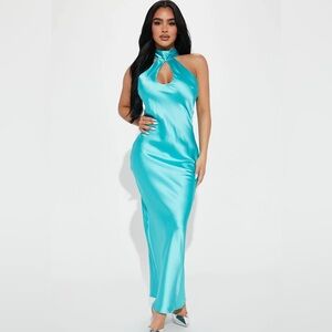 FASHION NOVA Aqua Maxi High Alter Satin dress